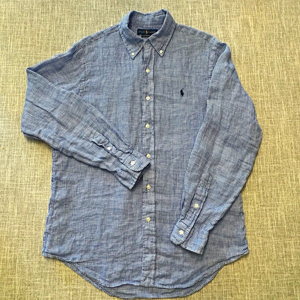 Ralph Lauren Ocean Wash Linen Men's M Blue White Check Long Sleeve Button-Down